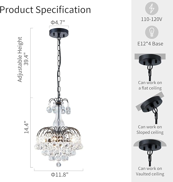 WUZUPS Crystal Chandelier Pendant Flushmount Ceiling Light Modern Lighting Fixture for Bedroom Hallway Bar Kitchen Bathroom, H 14.4" x W 11.8", Black, E12 Base
