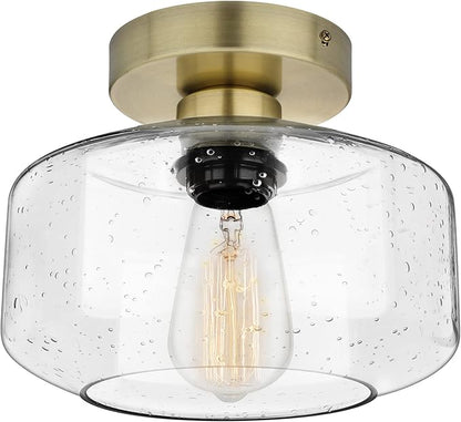 SunRider Industrial Semi-Flush Mount Ceiling Light Fixture, Seeded Glass Pendant Lamp, Brass Farmhouse Lighting for Hallway Porch Corridor Bedroom