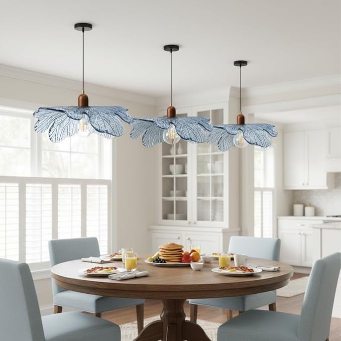 Blue Glass Pendant Light 15.75" Large Flower Petal Hanging Ceiling Light Adjustable 59" Cord with Wood & Metal Accents Modern Statement Chandelier for Dining Room Living Room Foyer