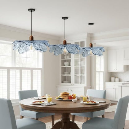 Blue Glass Pendant Light 15.75" Large Flower Petal Hanging Ceiling Light Adjustable 59" Cord with Wood & Metal Accents Modern Statement Chandelier for Dining Room Living Room Foyer