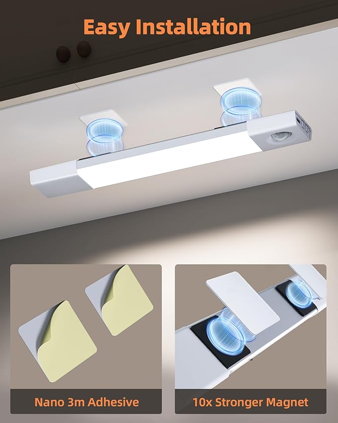EZVALO 3 Pack 8” Motion Sensor Light Indoor Rechargeable, Stick on Under Cabinet Lighting Wireless, 30 LEDs Closet Light, Dimmable, 3 Color Temps, Counter Lights for Wardrobe, Pantry, Bedroom, Stair