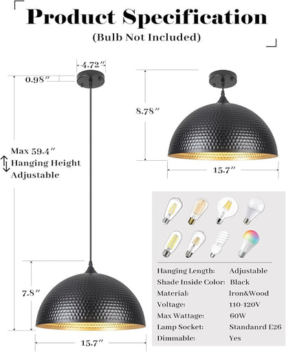 16 inch Black and Gold Pendant Light 3 Packs, Hammered Industrial Large Pendant Lights Kitchen Island, Oversive Black Dome Pendant Light for Kitchen Island, Dining Room, Bar
