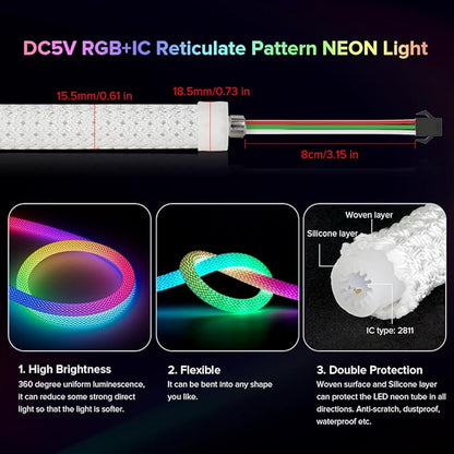 BTF-LIGHTING 16.4FT WS2811 WS2812B IC RGB DC5V 360 Degree Round Reticulate Pattern Chasing Color Neon LED Strip Flexible Nylon Silicone IP67 Waterproof Dream Color Rope Light(No Adapter or Controller)