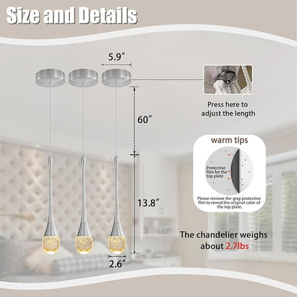 ykolupty Modern Pendant Lights for Kitchen Island Silver Raindrop Crystal Hanging Light Fxitures Mini Pendant Light Fixture for Dining Room Bar Bedroom (3pack