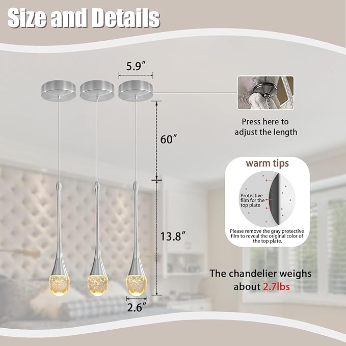 ykolupty Mini Chandelier Modern Crystal Pendant Light LED Dimmable Crystal Ceiling Pendant Lighting for Kitchen Island Dining Room Hallway Bedroom (Silver 1 Pack)