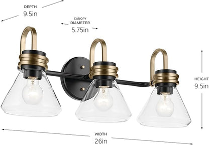 Kichler Farum 26" 3-Light Bathroom Vanity Light Fixture with Clear Glass in Black, Modern Wall Mount Over Mirror for Single or Double Vanity, Powder Room (26" x 9.5" x 9.5"), 55155BKCLR