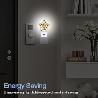 Cute Sloth Night Lights Plug Into Wall,Spring Leaves Star Night Light for Kids,Nightlight with Dusk to Dawn Smart Sensor for Bedroom Bathroom Decor,Children Women Men Gift