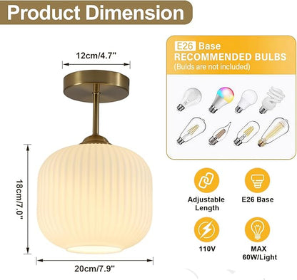 Gold Milk Glass Semi Flush Mount Light Vintage White Ribbed Flush Mount Ceiling Light Small Hallway Globe Ceiling Light Fixtures for Bedroom Entryway