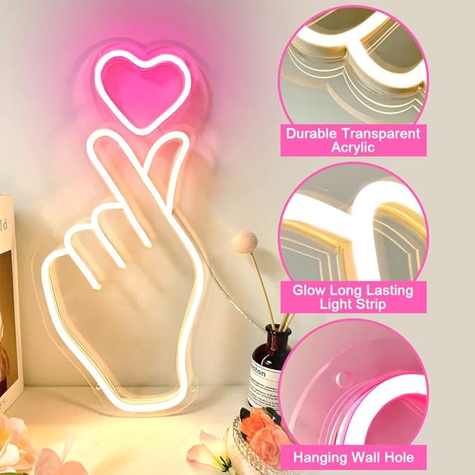 Finger Heart Neon Sign for Room Decor, 16.5x8 Inches Kpop & K-Drama Symbol Heart Gesture Neon Signs for Bedroom, Home Office, Dimmable LED Love Neon Light Gift for Anniversary, Girl…