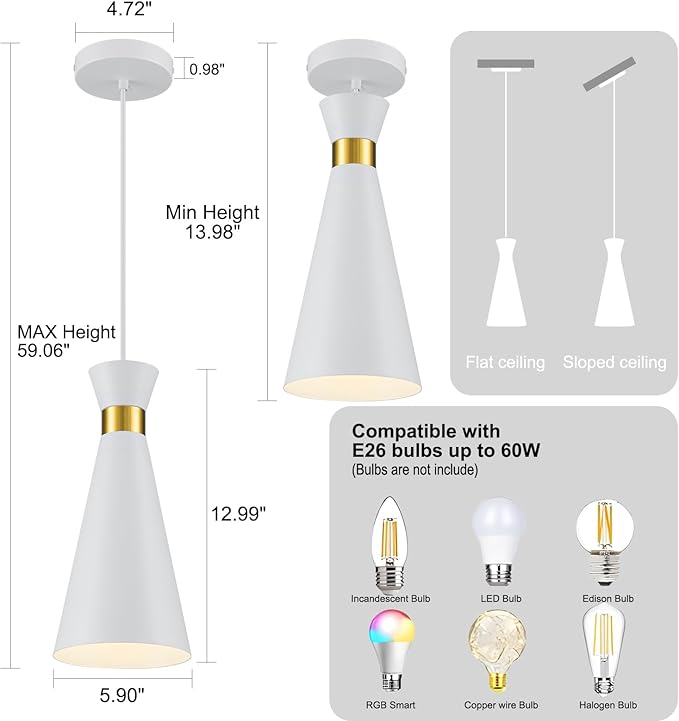 2026 New White & Brass Gold Pendant Lights Kitchen Island 3 Pack, 5.9"D x 13"H Cone Shape, Mid Century Modern Pendant Light Fixtures, Island Lights Kitchen Pendant Lighting over Sink Dining Room