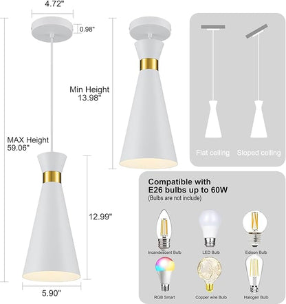 2026 New Pendant Lights Kitchen Island Lighting, 5.9"D x 13"H Gold & White Cone Shape, Mini Mid Century Modern Pendant Light Fixtures, Kitchen Pendant Lighting over Island Lights for Sink Dining Room