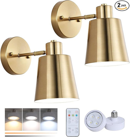 Battery Operated Wall Sconce Set of Two,Gold Modern with Remote Control Dimmable Wall Lighting Indoor, Not Hardwired Led Wall Lamp Fixtures for Bedroom, Bulb Included