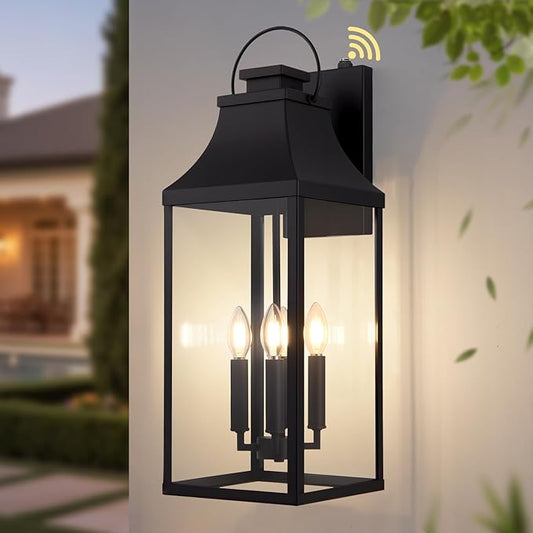 tewei 25'' Dusk to Dawn Outdoor Wall Light, Large Black Outdoor Porch Light Waterproof Patio Lanterns, Exterior Wall Mount Lighting Fixtures, 4-Light Outside Garage Sconces for House Front, 1-Pack