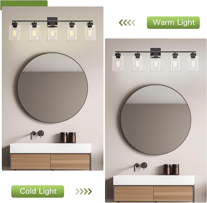 5 Light Bathroom Vanity Light - Matte Black Bathroom Light Fixtures Square Design & UL Certification, 31 Inch Black Bath Room Lighting Fixtures Over Mirror for Living Room & Bedroom & Restroom