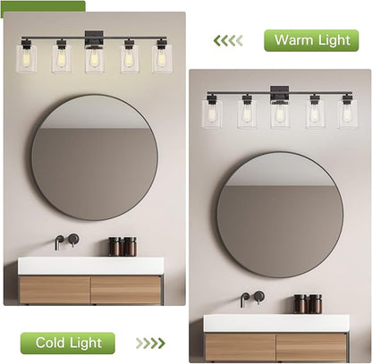 5 Light Bathroom Vanity Light - Matte Black Bathroom Light Fixtures Square Design & UL Certification, 31 Inch Black Bath Room Lighting Fixtures Over Mirror for Living Room & Bedroom & Restroom