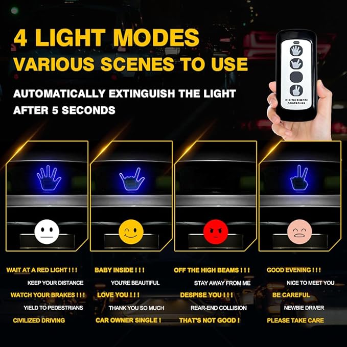 LED Gesture Light Comical Car Finger Light with Remote Ideal Gifted Car Accessories Funny Back Window Sign Car Gadget & Road Rage Sign Give The Love & Wave & Yead to Drivers-Blue