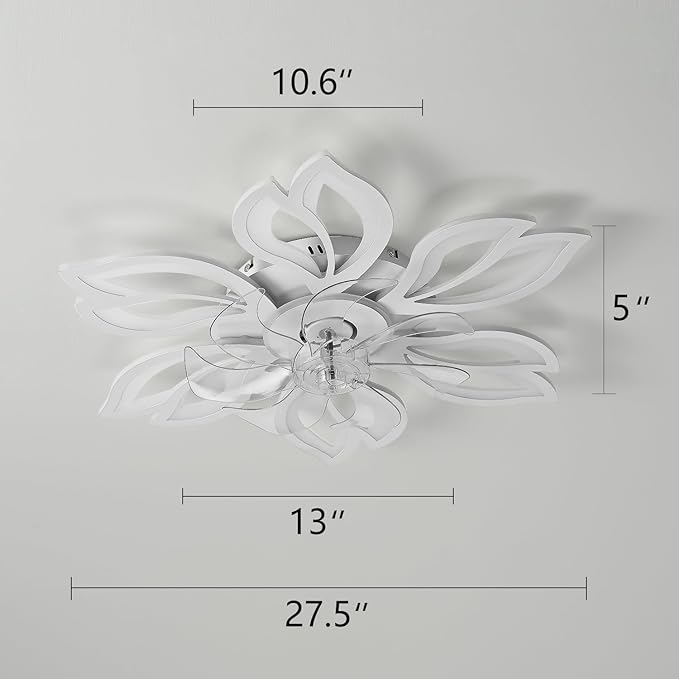 White Flower Modern Ceiling Fans with Lights, Low Profile Ceiling Fan with Remote for Bedroom, Flush Mount Ceiling Fan with LED Dimmable Light,3-Colors, 6-Speeds, Ceiling Fans Light