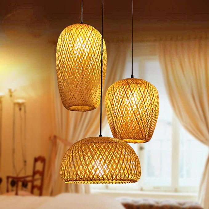 Bamboo Light Fixtures, 3 Headlights E26 E27 Retro Rustic Bamboo Wicker Rattan Chandelier Ceiling Hanging Light for Living Room Bedroom Farmhouse Restaurant Cafe Teahouse Bar Dining Room Club