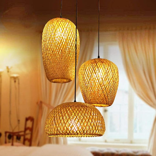 Bamboo Light Fixtures, 3 Headlights E26 E27 Retro Rustic Bamboo Wicker Rattan Chandelier Ceiling Hanging Light for Living Room Bedroom Farmhouse Restaurant Cafe Teahouse Bar Dining Room Club