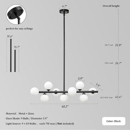 Mid Century Modern Sputnik Chandeliers: 9-Light Black Linear Dining Room Light Fixture - 40" Long Modern Milk White Glass Globe Pendant High Ceiling Chandelier Lighting for Living Room Kitchen Island