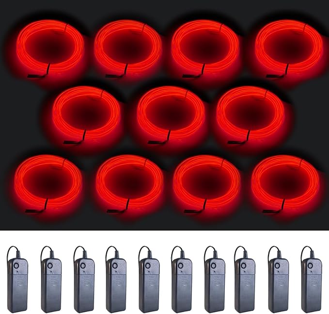 MaxLax EL Wire red 10-Pack, 16.4ft/5m Neon Light Wire with Noise Reduction and Battery Pack…