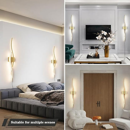 Daunton Modern Gold Plug in Wall Sconces Set of Two, RC Dimmable LED Plug in Wall Light, Wall Lamps with Plug in Cord for TV Wall Sconces, Gold Sconce Wall Lighting for Living Room, Hallway, Bedroom