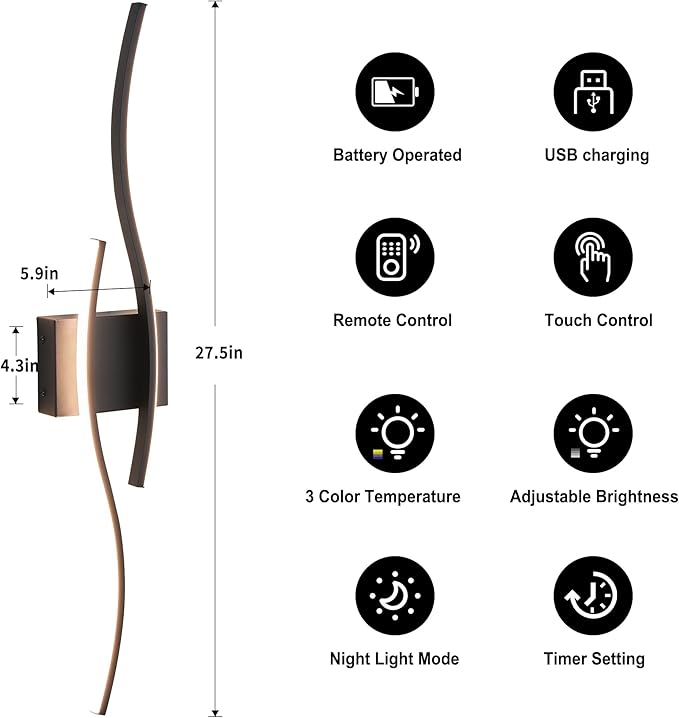 KARTOOSH Battery Operated Wall Sconces Set of Two with Remote Control, Dimmable/3 Color/Night-Light/Timer/Memory, Black Modern Wireless LED Sconce for Living Room, Hallway, Bedroom, 27.5 Inch (2 Pack)