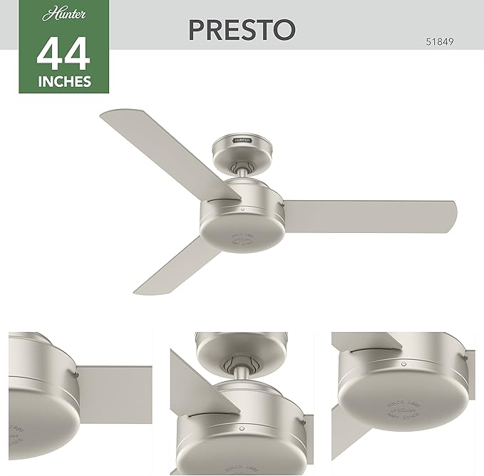 Hunter 44 inch Indoor Ceiling Fan No Light - Modern Ceiling Fan without Light, 3 Blades, Standard Mount, For Bedroom, Living Room, or Kitchen, Wall Control - Presto 51849, Matte Nickel