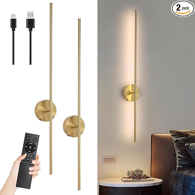 40" Gold Battery Operated Wall Sconces Set of Two Modern Rechargeable Wall Sconces with Remote Control LED Dimmable Wall Lights for Living Room Bedroom Hallway (2 Pack)