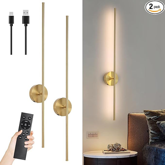 40" Gold Battery Operated Wall Sconces Set of Two Modern Rechargeable Wall Sconces with Remote Control LED Dimmable Wall Lights for Living Room Bedroom Hallway (2 Pack)