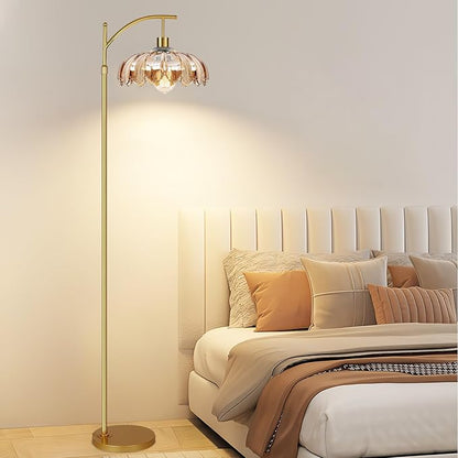 AHDWDW Gold Arc Floor Lamp for Living Room with Remote,Dimmable Modern Floor Lamps with Amber Glass Shade,Unique Vintage Flower Standing Tall Lamp,Mid Century Floor Lamps for Bedroom Office Corner