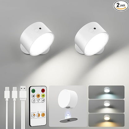 LED Wall Mounted Lights, Rechargeable Wall Sconces Lamp, 3 Color Temps & Remote and Touch, 360°Rotation Dimmable Cordless Wall Light for Study Bedroom Reading Bedside(White, 2 Pack)
