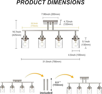 Yaohong 4-Light Track Lighting Kit Brushed Nickel Track Lighting Fixtures, Bathroom Wall Light Ceiling Mount Rotatable Spotlights, Kitchen Ceiling Light Fixtures with Glass Shade for Bathroom Hallway