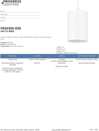 Progress Lighting Cylinder Collection 5-Inch 1-Light White Modern Outdoor Hanging Pendant Light