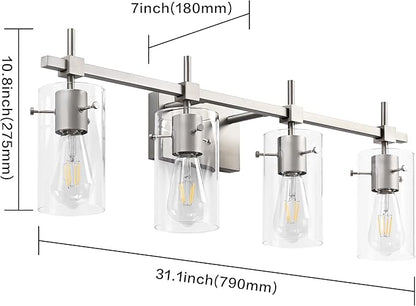 SOLFART 4 Light Bathroom Vanity Lights Bathroom Lights Over Mirror Vintage Bath Lighting Brushed Nickel Wall Sconce with Glass Shade