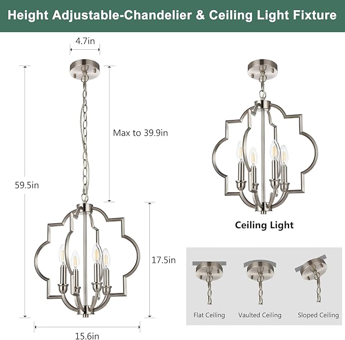 4-Light Brushed Nickel Chandelier, Modern Dining Room Light Fixtures Over Table, Geometric Hanging Pendant Light for Bathroom, Foyer, Hallway, Kitchen, Entryway