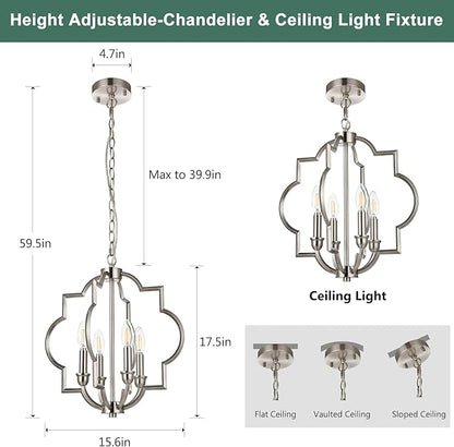 4-Light Brushed Nickel Chandelier, Modern Dining Room Light Fixtures Over Table, Geometric Hanging Pendant Light for Bathroom, Foyer, Hallway, Kitchen, Entryway