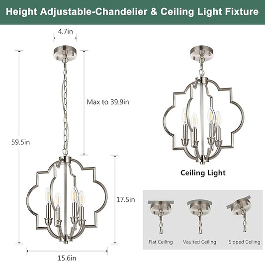 4-Light Brushed Nickel Chandelier, Modern Dining Room Light Fixtures Over Table, Geometric Hanging Pendant Light for Bathroom, Foyer, Hallway, Kitchen, Entryway