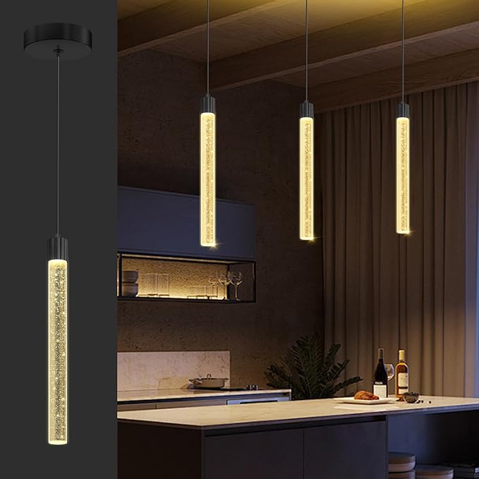 Modern Mini Crystal Pendant Light for Kitchen Island Dimmable LED Adjustable Crystal Column Chandelier Lighting Hanging Pendant Lighting 1 Light Black