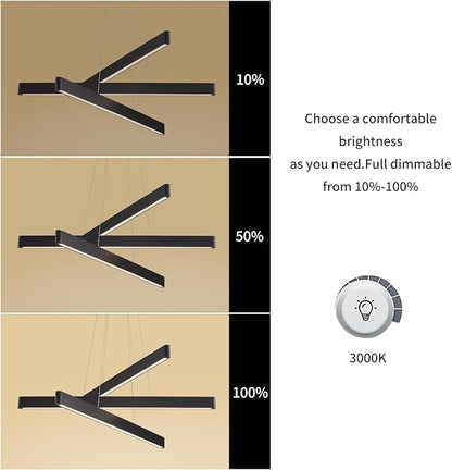 YISDESIGN 3-Light Solid Wood Black Linear Pendant Light - Dimmable Modern LED Chandelier for Dining Room Table Kitchen Island Living Room Ceiling - 45W Warm Light Adjustable Hanging Fixture Black