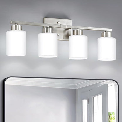 FonmYim Brushed Nickel Bathroom Light Fixtures, 4-Light Modern Vanity Light Over Mirror, Wall Sconces with Milky White Frosted Glass Shades, E26 Socket (Bulbs Not Included)