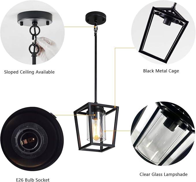 SGLfarmty 1-Light Black Pendant Lights Kitchen Island, Modern Farmhouse Cage Metal Adjustable Lantern Hanging Light Fixture with Glass Shade for Dining Room Entryway Hallway