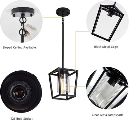 SGLfarmty 1-Light Black Pendant Lights Kitchen Island, Modern Farmhouse Cage Metal Adjustable Lantern Hanging Light Fixture with Glass Shade for Dining Room Entryway Hallway