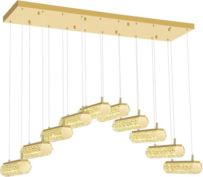 Crystal Kitchen Chandeliers Over Table,Rectangular Crystal Chandelier for Living Room Modern Linear Chandelier for Dining Room Dimmable Gold 10 Lights