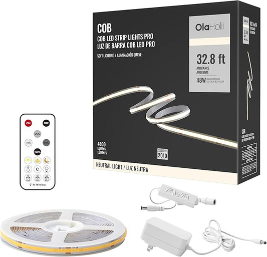 32.8ft COB Led Strip Light with Remote, 4000K Ra93+ Dimmable Bright Led COB Strip Light, White Continuous Led Strip Light for Mirror, Stair, Cabinet, Room
