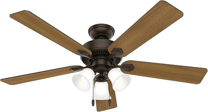 Hunter 52 inch Indoor Ceiling Fan with LED Lights - Bronze Ceiling Fan with Pull Chain, For Bedroom, Living Room, or Kitchen, Standard Mount, No Remote, 5 Blades - Swanson 50887, New Bronze