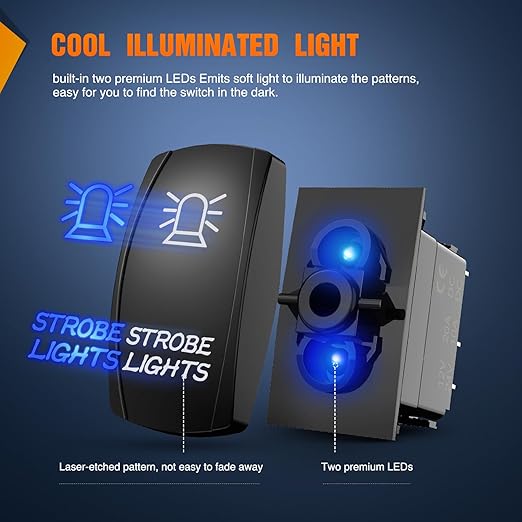 Nilight Strobe Lights Rocker Switch Led Light Bar 5 Pin Laser On Off SPST Switches 20A/12V 10A/24V Blue with Jumper Wires Set for Cars Trucks Boats ATVs UTVs RVs