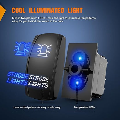 Nilight Strobe Lights Rocker Switch Led Light Bar 5 Pin Laser On Off SPST Switches 20A/12V 10A/24V Blue with Jumper Wires Set for Cars Trucks Boats ATVs UTVs RVs