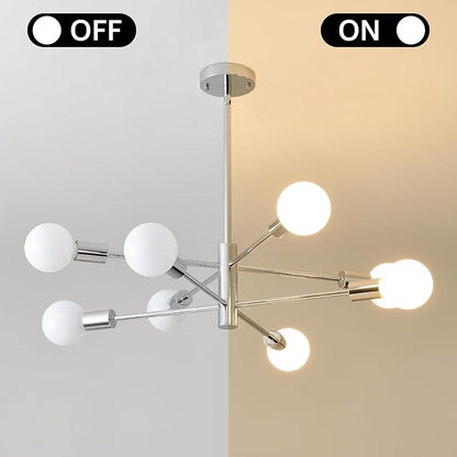 HHR Modern Sputnik Light Fixture, 8-Light Chrome Mid Century Ceiling Chandelier, Height Adjustable Farmhouse Chandeliers for Living Dining Room Kitchen Island Over Table