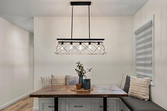 Luupyia 37.8Inches Farmhouse Rectangular Chandelier Rustic, 5-Lights Kitchen Island Lighting, Linear Island Light Fixture Farmhouse Pendant Lighting Fixtures for Dining Room Pool Table Beige, E26
